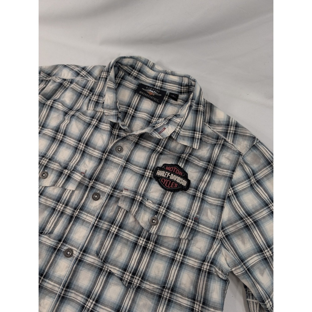 Harley Davidson Mens S White Plaid Logo Shirt Motorcycles  Patches Mechanic